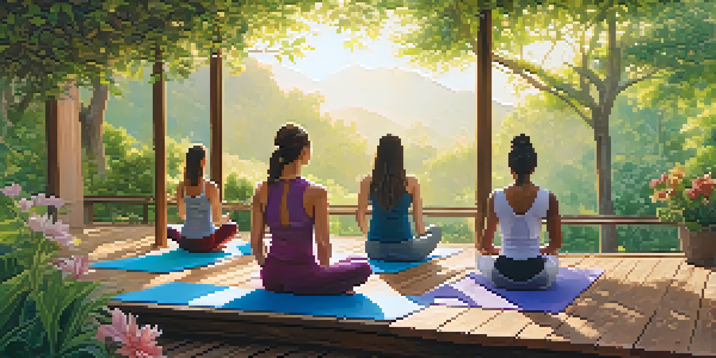 A group of women of diverse backgrounds practicing yoga on a wooden deck in a lush green environment with flowers, illuminated by soft morning light.