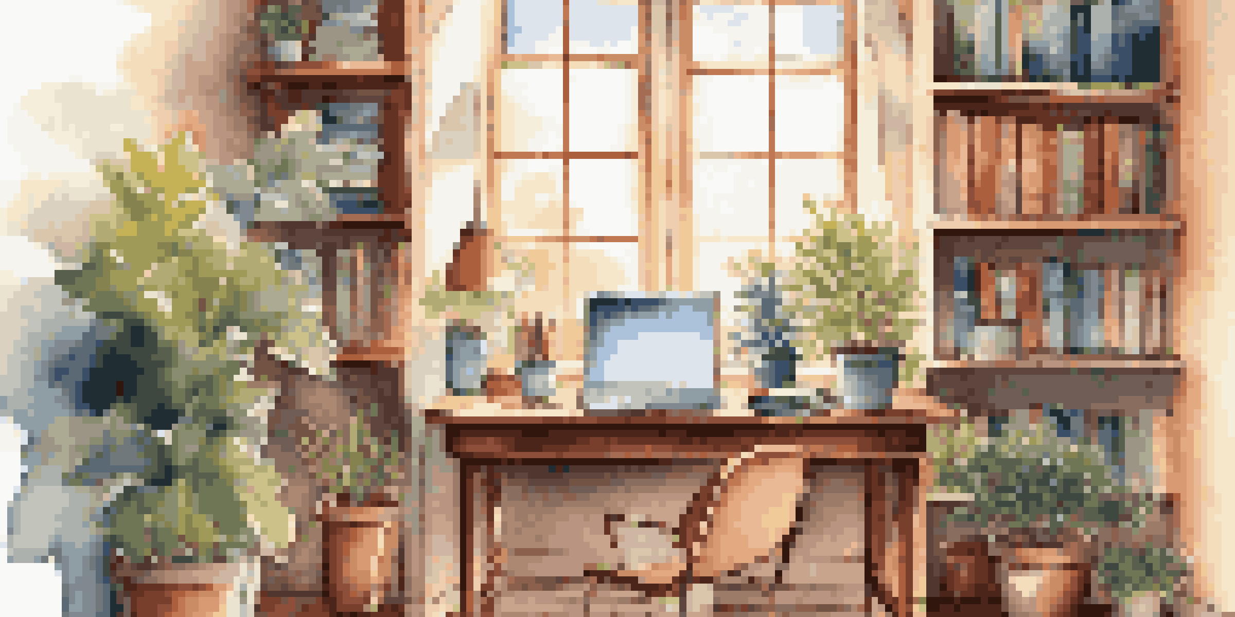 A cozy home office with a desk, laptop, and plants, illuminated by sunlight.