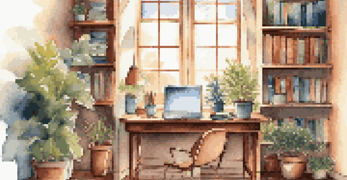 A cozy home office with a desk, laptop, and plants, illuminated by sunlight.