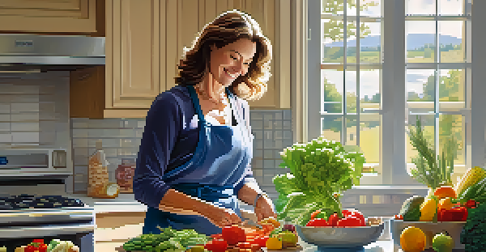 A woman in her 50s smiling while preparing a healthy meal in a bright kitchen filled with fresh vegetables and fruits.