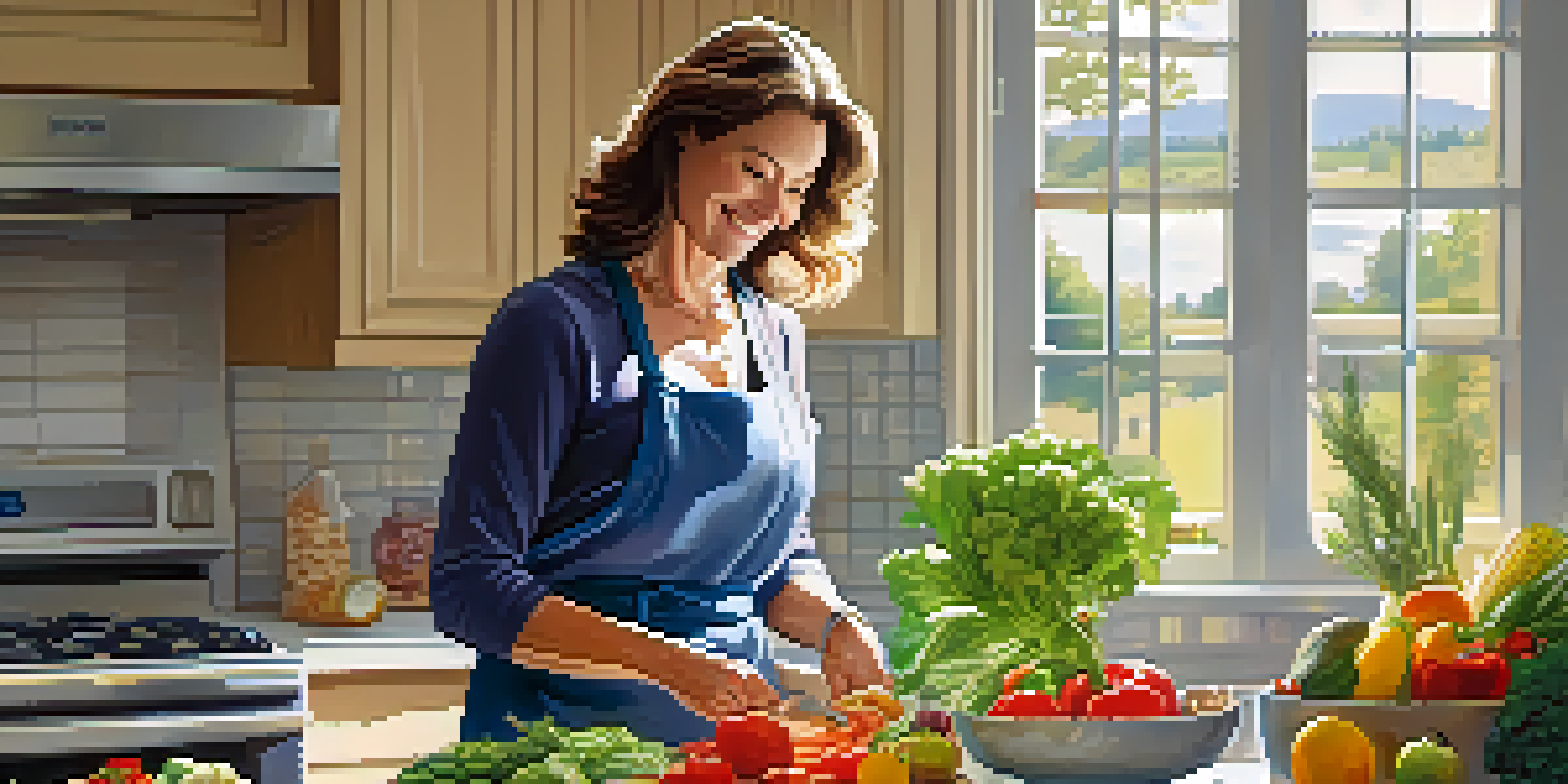 A woman in her 50s smiling while preparing a healthy meal in a bright kitchen filled with fresh vegetables and fruits.