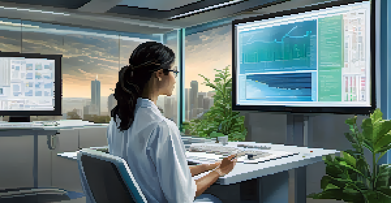 A healthcare provider analyzing patient data analytics on a large screen in a modern office.