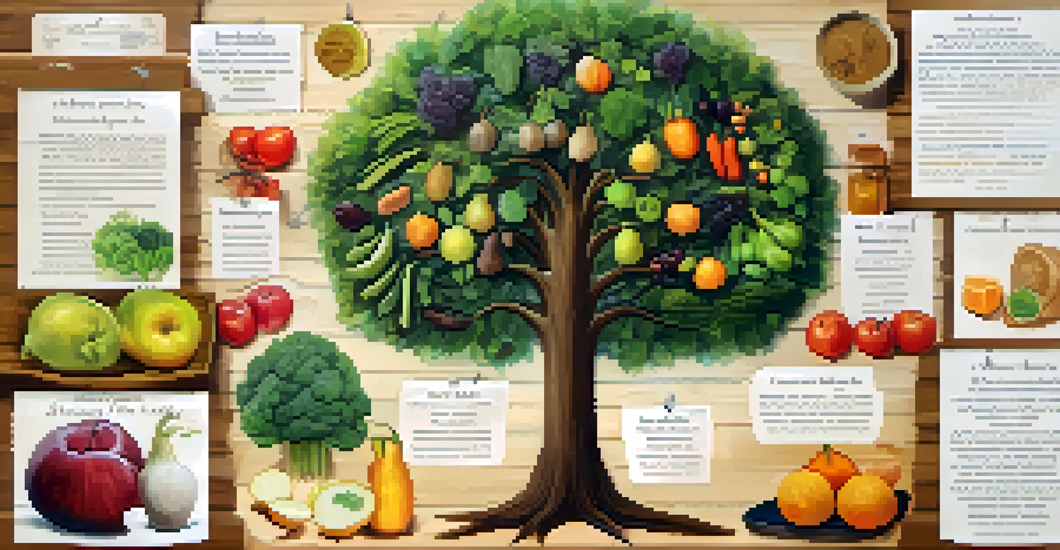 A family tree diagram on a wooden table with notes about health conditions, surrounded by fresh fruits and vegetables.