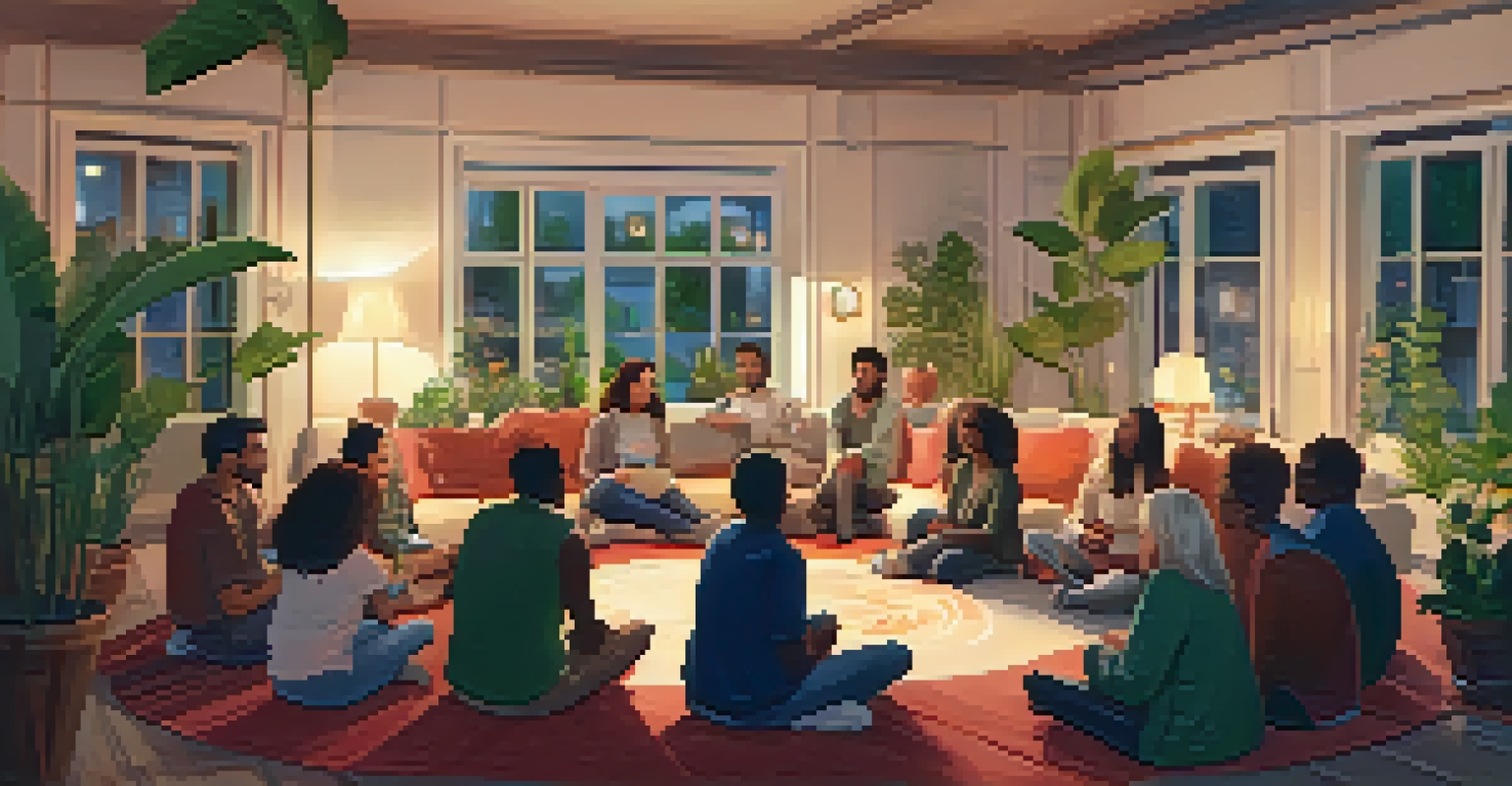 A diverse group of people engaged in a discussion about self-compassion and forgiveness in a cozy indoor setting.