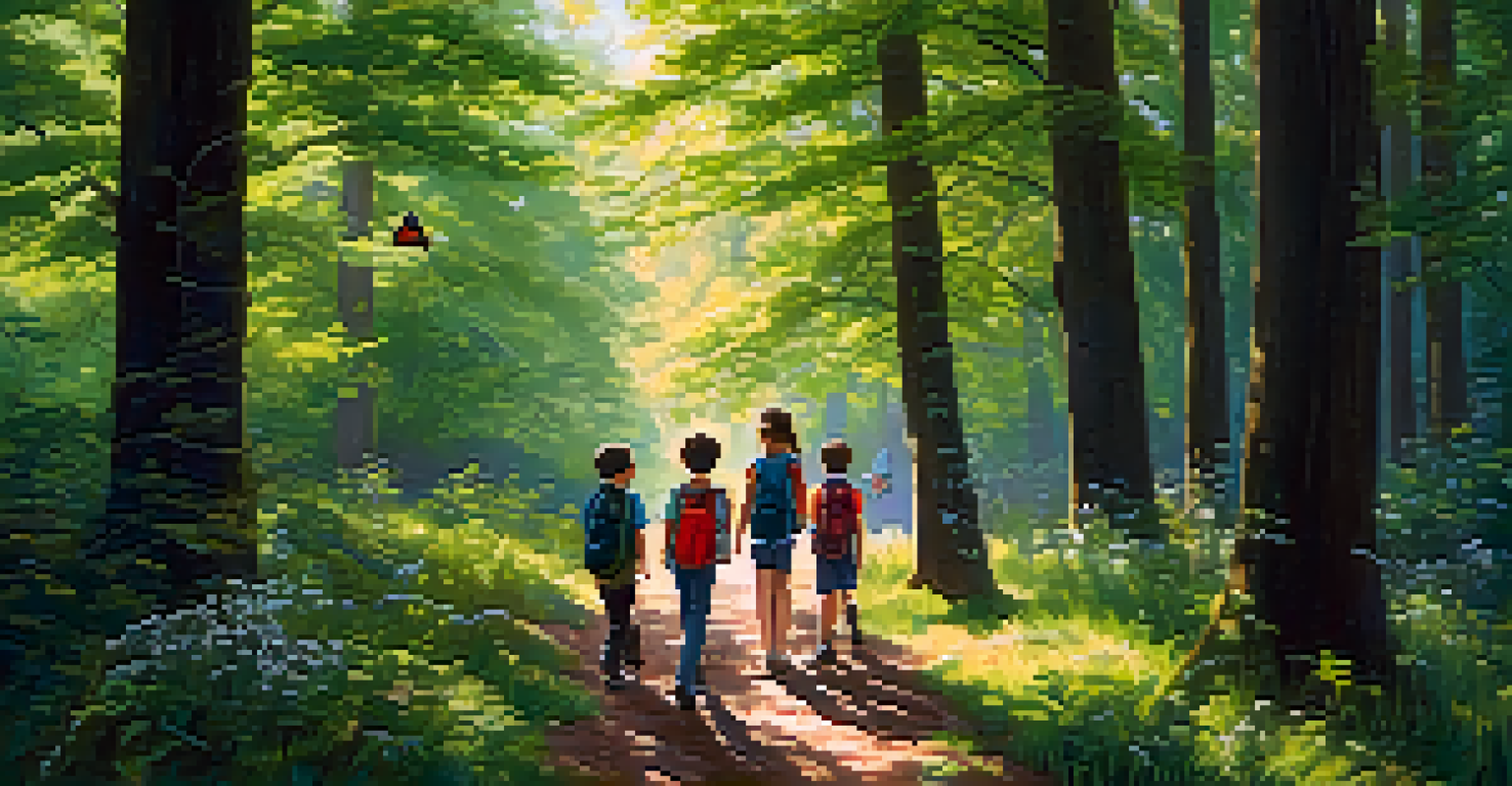 Children walking on a forest trail during a mindfulness nature walk, looking up at trees and observing flowers with curiosity and wonder.