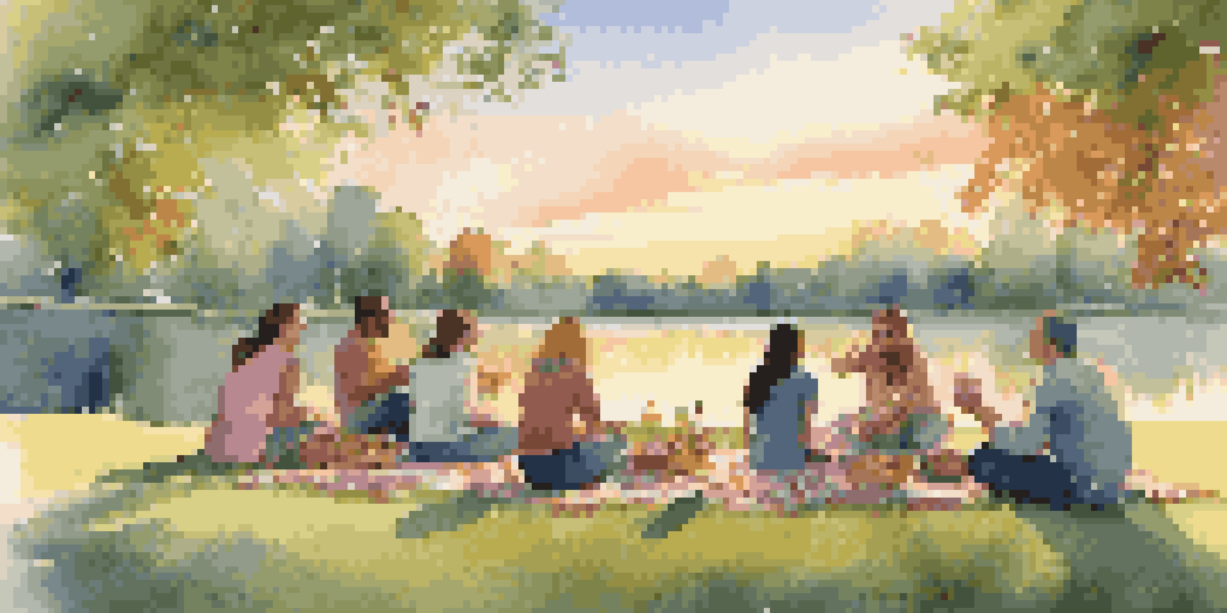 A group of friends in a park at sunrise, enjoying a picnic and laughing together.