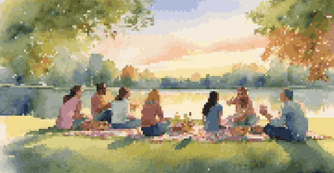 A group of friends in a park at sunrise, enjoying a picnic and laughing together.