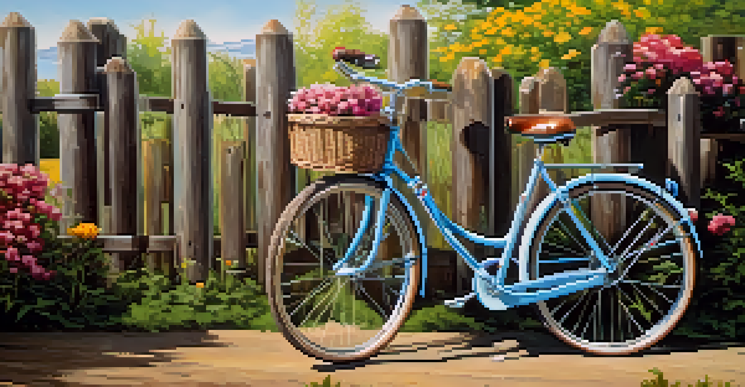 A close-up of a bicycle against a wooden fence with flowers blooming in the background.