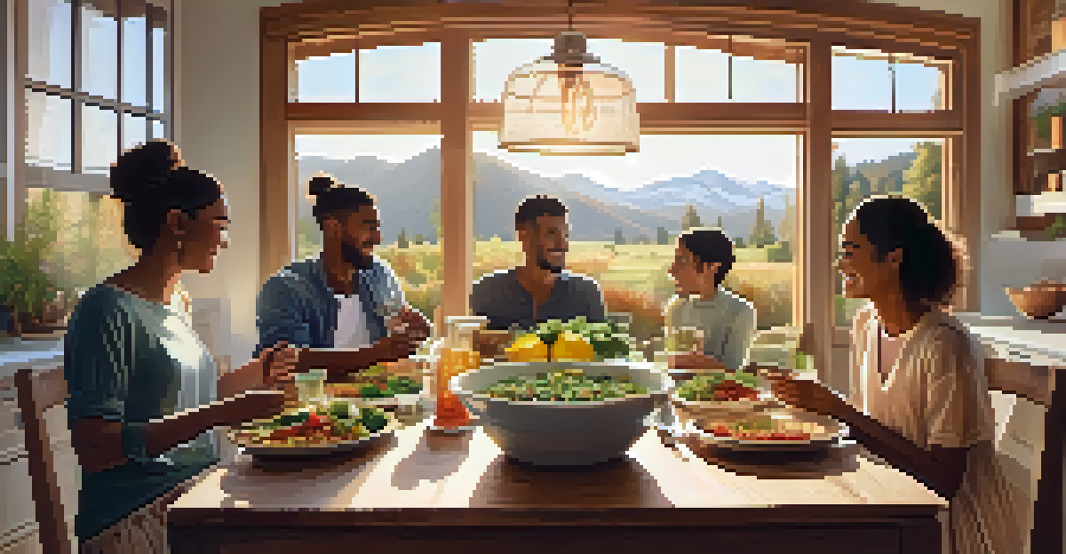 A cozy kitchen scene with friends sharing a healthy meal at a wooden table, surrounded by bowls of salad and infused water, illuminated by warm sunlight.