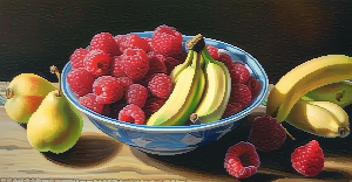 A bowl filled with colorful fruits including raspberries, pears, and bananas placed on a wooden table, illuminated by natural light.