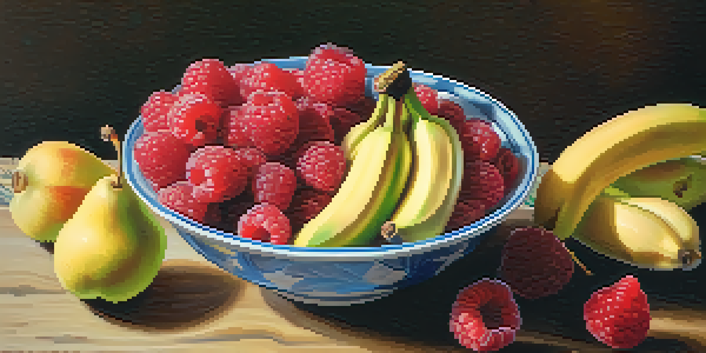 A bowl filled with colorful fruits including raspberries, pears, and bananas placed on a wooden table, illuminated by natural light.