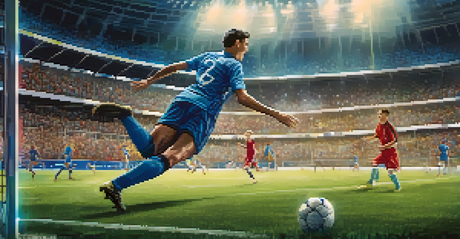 A male soccer player in a blue uniform kicking a soccer ball on a vibrant field with fans cheering in the background.