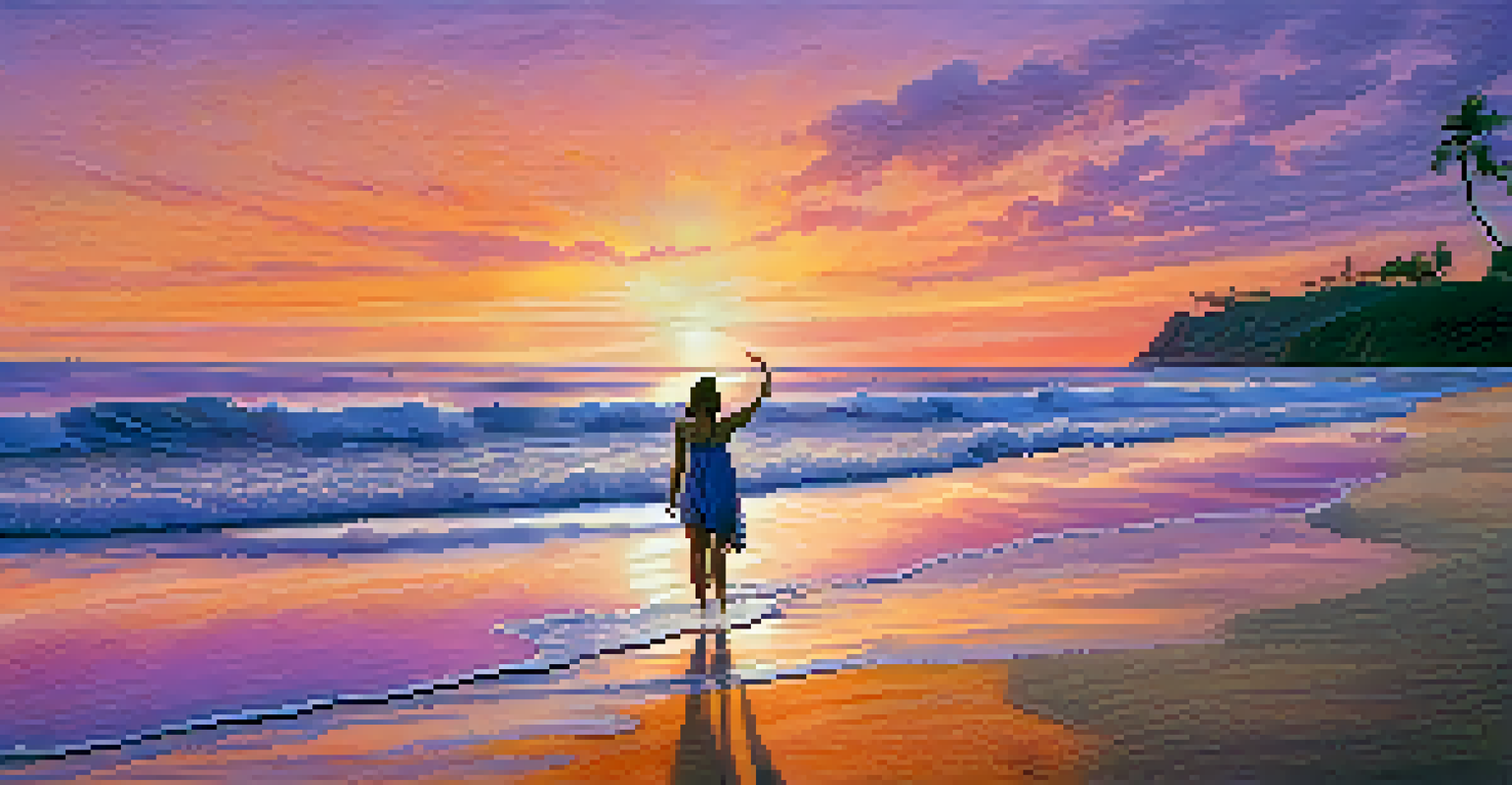 A person standing on a beach at sunset, arms raised, with colorful skies and gentle waves in the background.