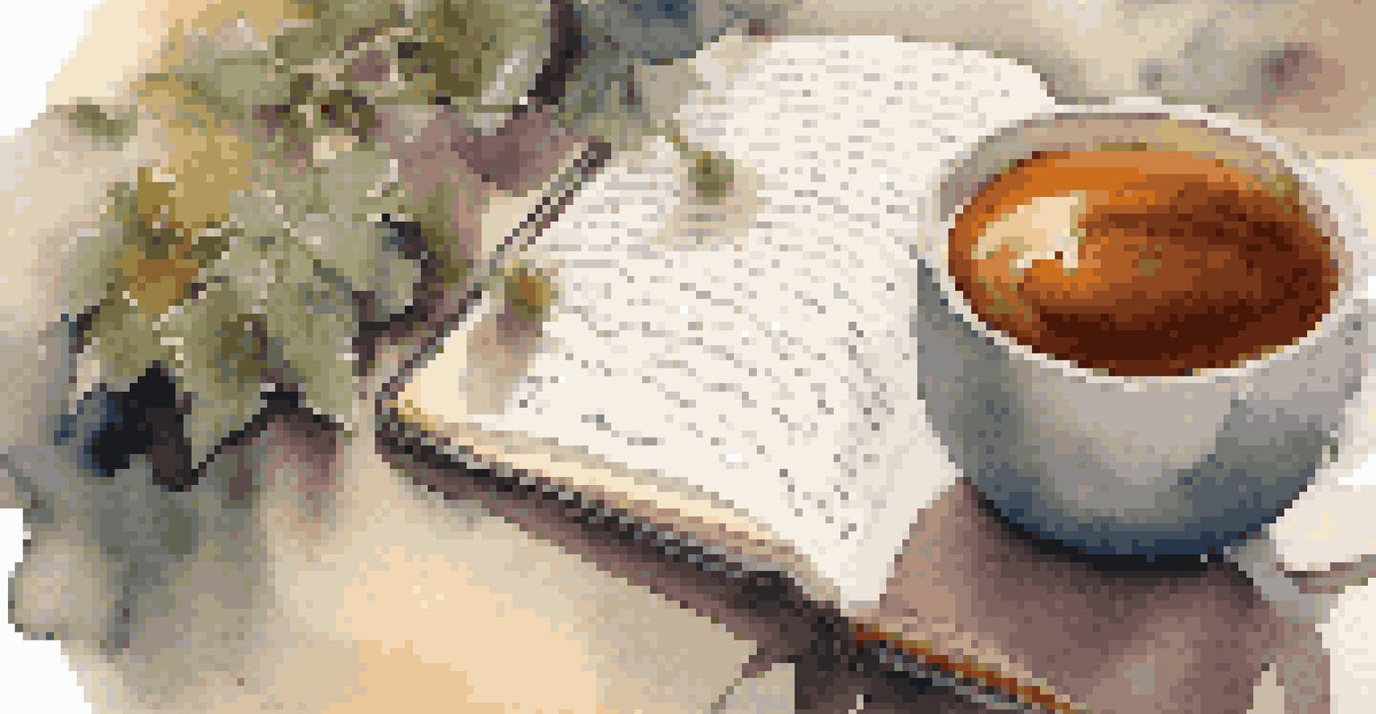 A close-up of a hand writing in a journal with a cup of herbal tea beside it, set in a cozy environment with soft lighting.