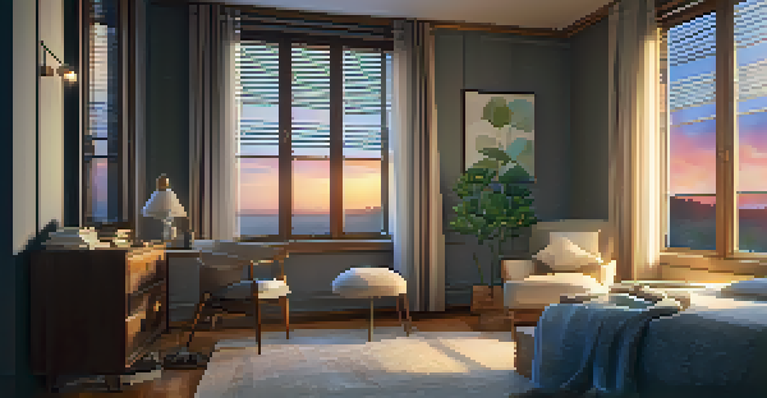 A cozy bedroom with a book on the bedside table and warm lighting, creating a peaceful atmosphere for relaxation.