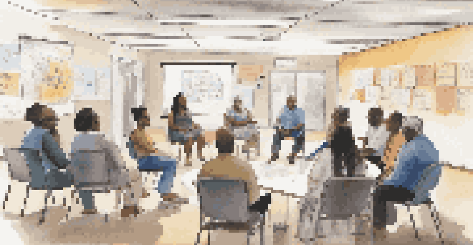 A focus group session in a community center where residents share ideas about health needs.
