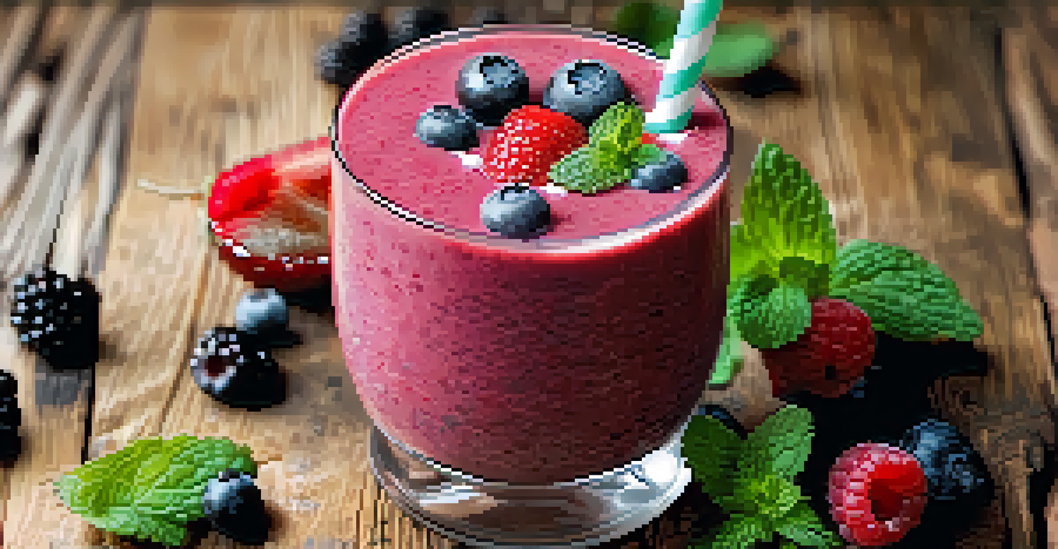 A close-up of a berry smoothie in a glass, garnished with mint leaves, surrounded by fresh berries on a wooden table.