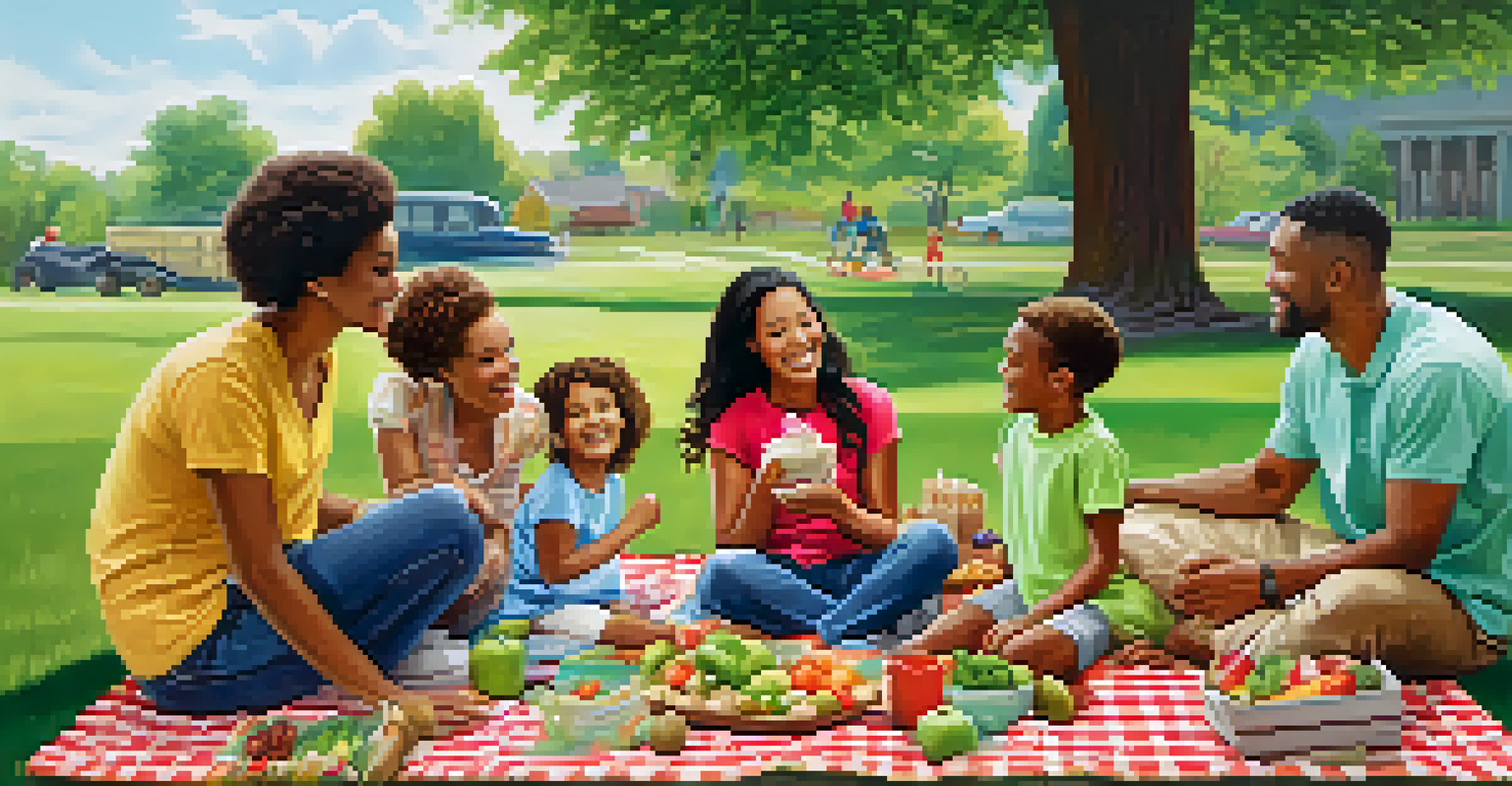 A diverse family having a picnic in a park, surrounded by food and children playing.
