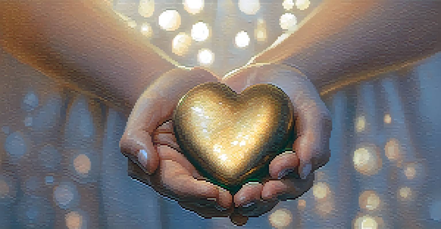 A close-up of hands holding a heart-shaped stone against a warm, softly blurred background.