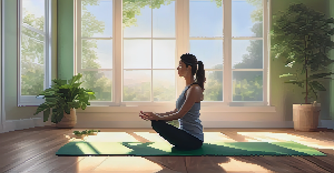 A person practicing morning stretches on a yoga mat in a bright and peaceful room filled with sunlight and greenery.