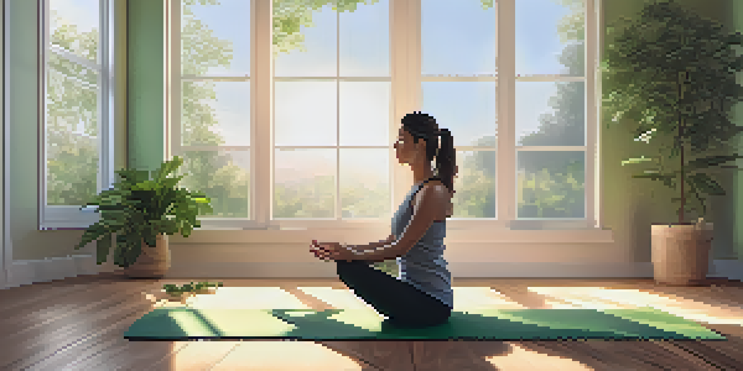 A person practicing morning stretches on a yoga mat in a bright and peaceful room filled with sunlight and greenery.