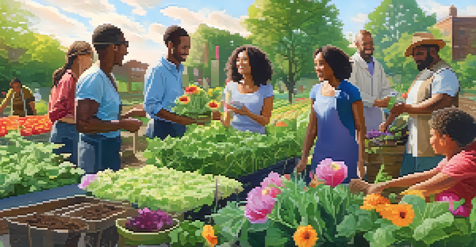A community garden where diverse individuals work together to plant vegetables under the sun, symbolizing health engagement.