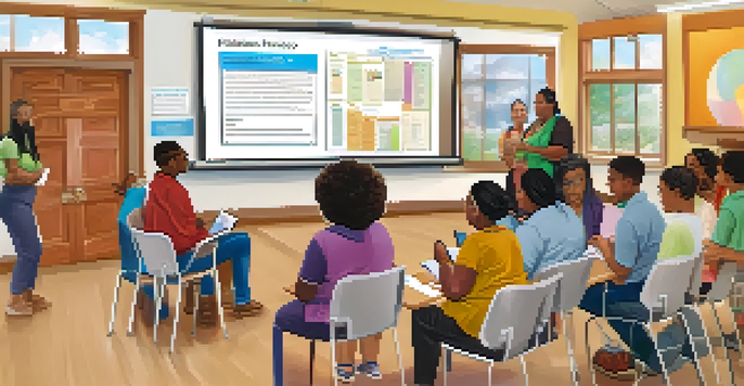 A community health literacy workshop with diverse individuals participating and engaging with the facilitator and educational materials.