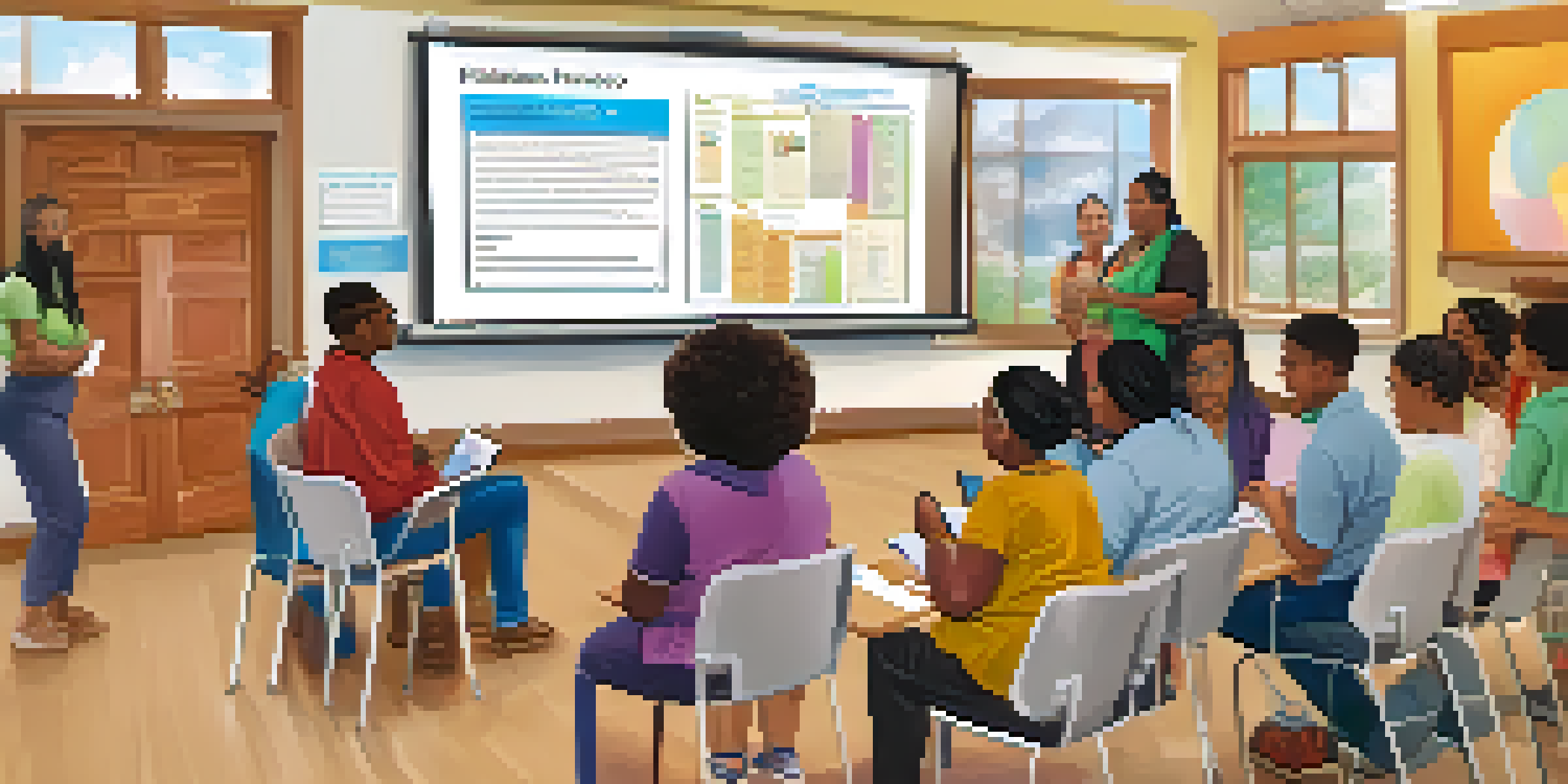 A community health literacy workshop with diverse individuals participating and engaging with the facilitator and educational materials.