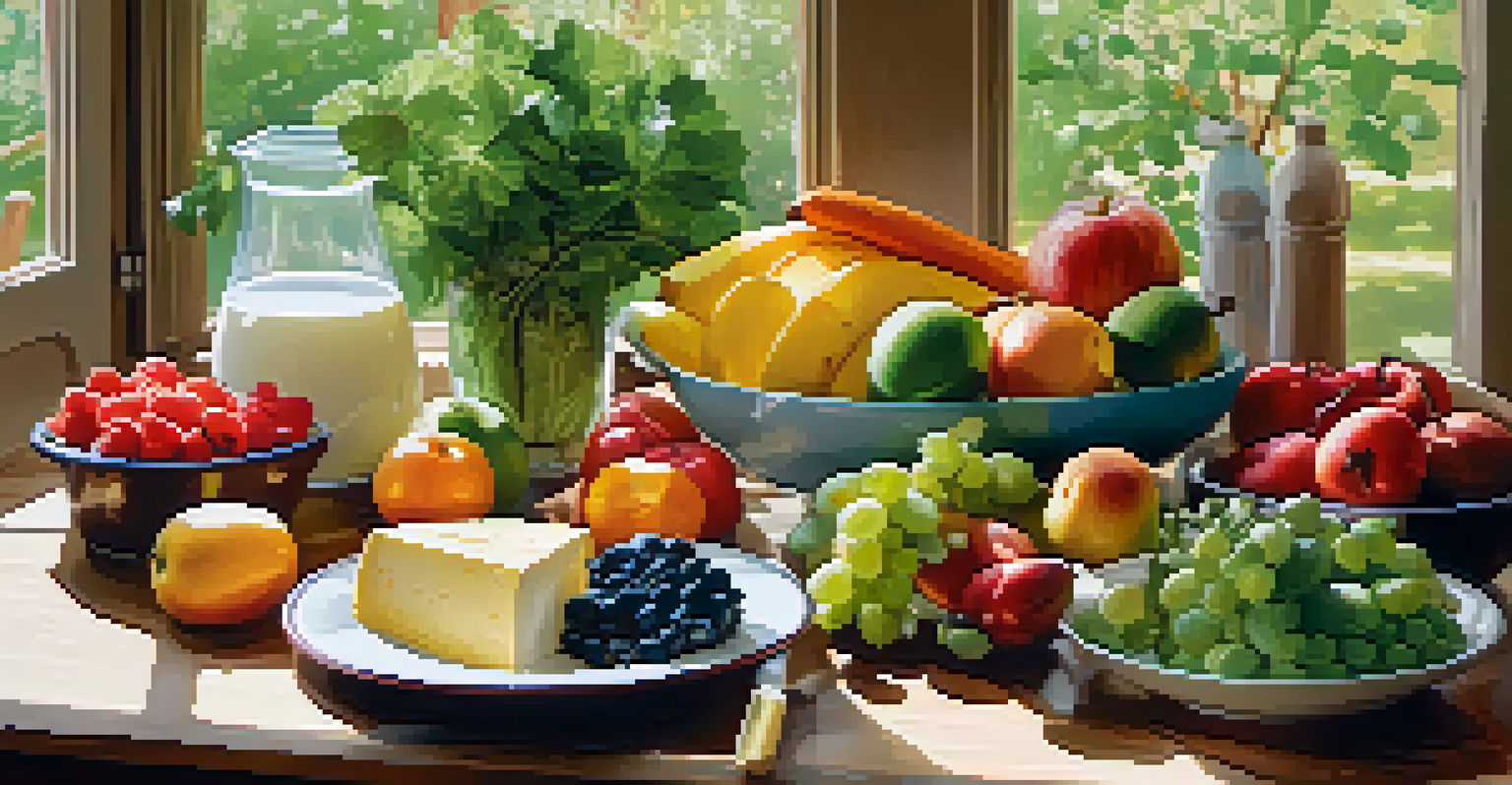 A healthy meal with colorful fruits, vegetables, and dairy products arranged on a wooden table.