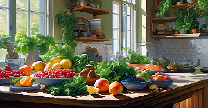 A bright kitchen table filled with healthy foods such as leafy greens, berries, salmon, and nuts, illuminated by natural light.