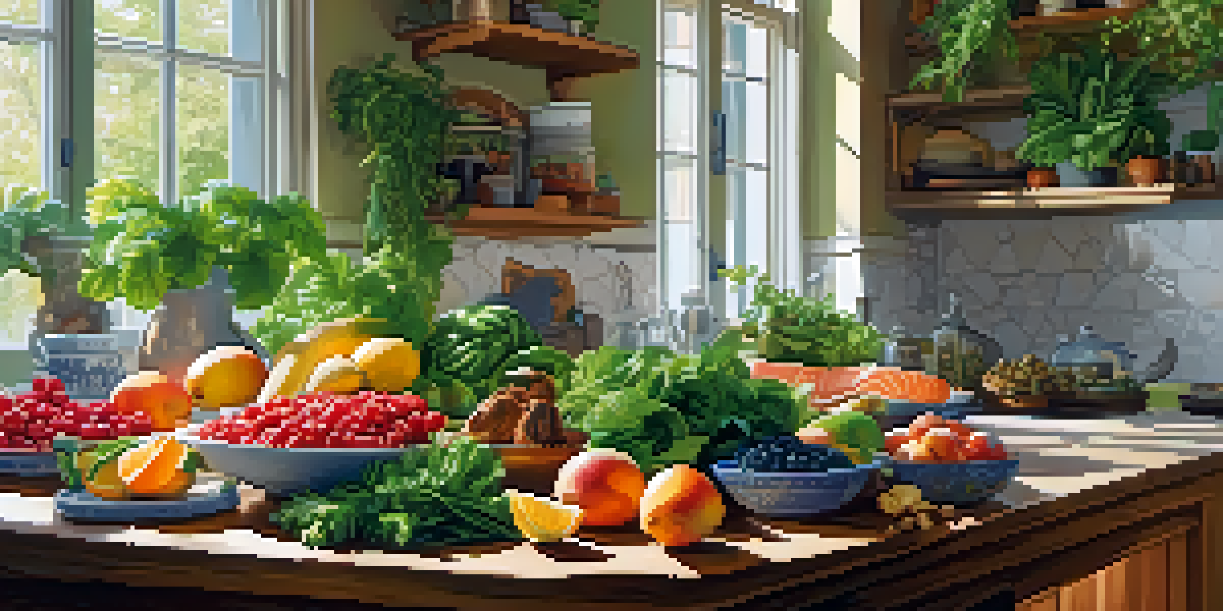 A bright kitchen table filled with healthy foods such as leafy greens, berries, salmon, and nuts, illuminated by natural light.