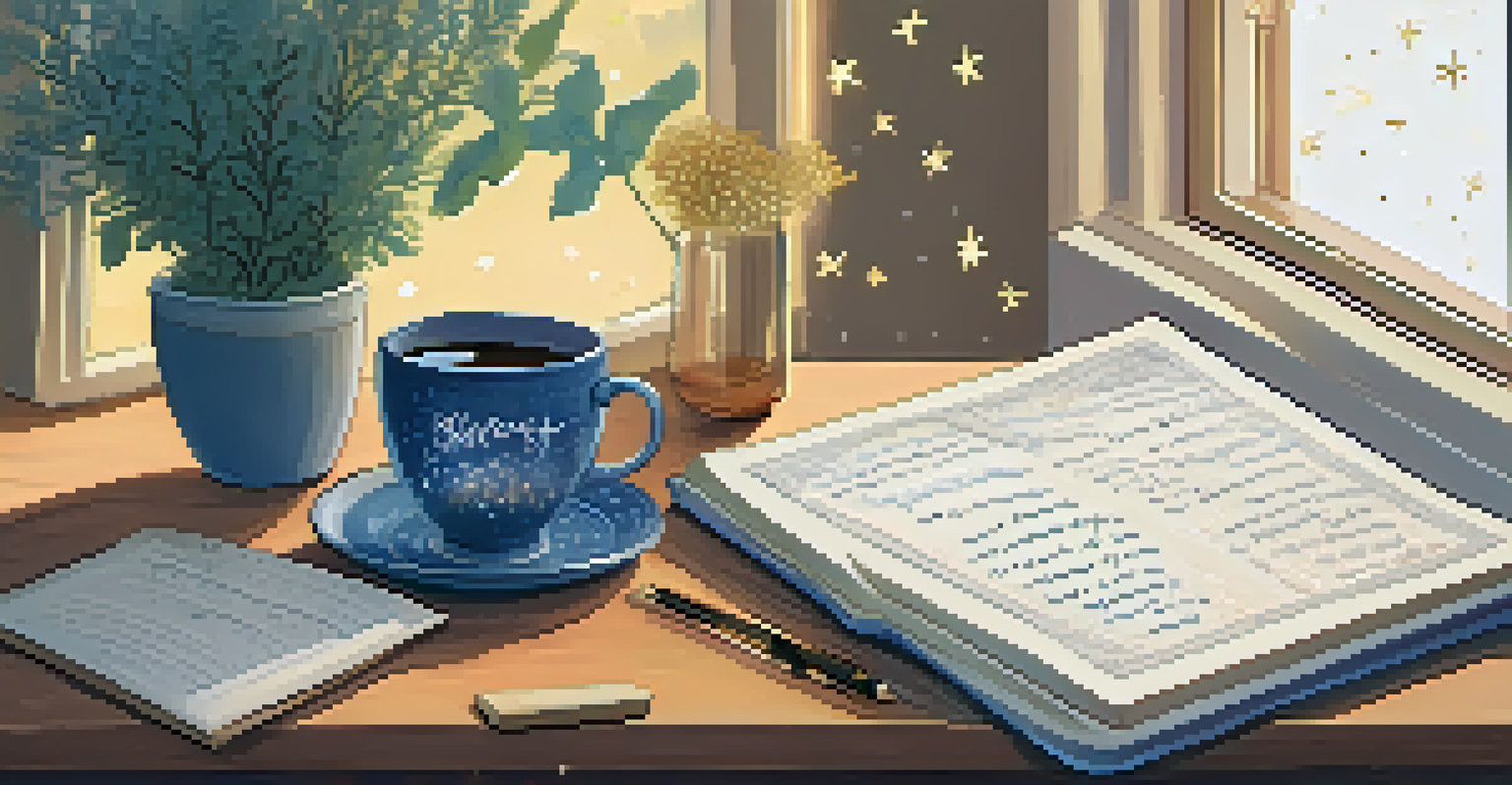 An open sleep diary on a bedside table with notes about sleep patterns, a cup of herbal tea beside it, and stars visible through the window.