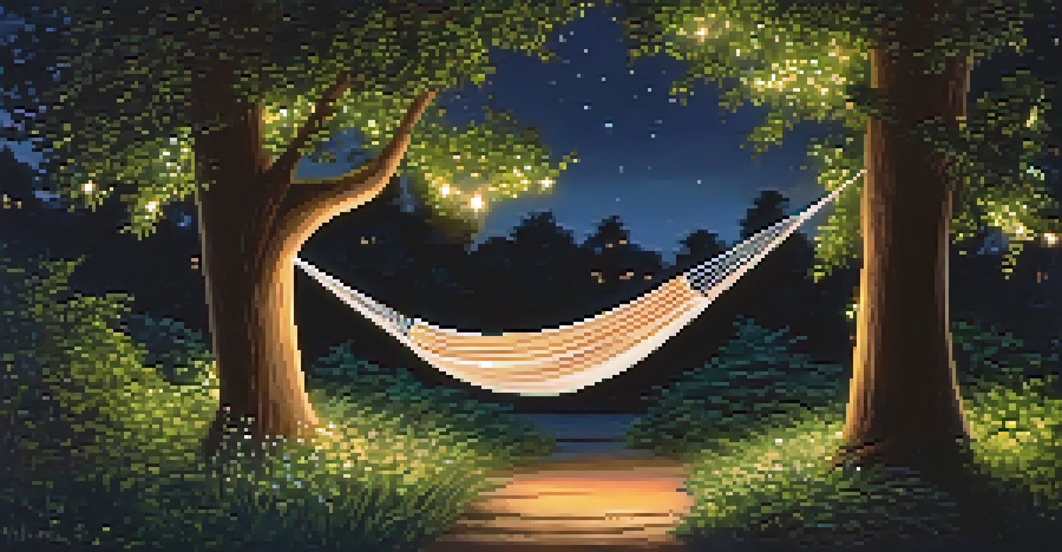 A tranquil garden at night with fairy lights, a hammock, and a starry sky overhead.
