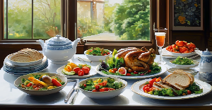 A table set with healthy dishes including a colorful salad, grilled chicken, and whole grain bread, illuminated by natural light.