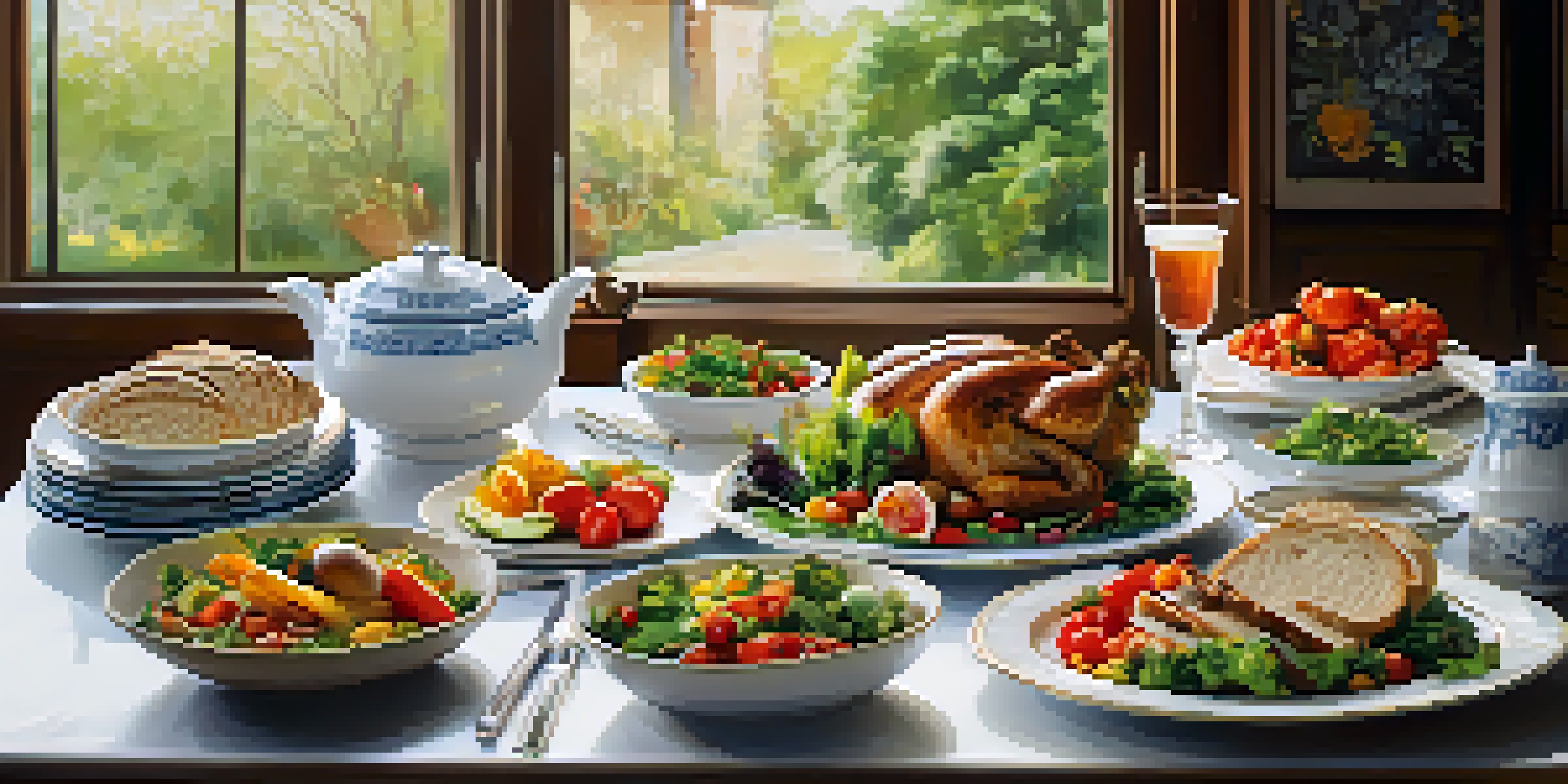 A table set with healthy dishes including a colorful salad, grilled chicken, and whole grain bread, illuminated by natural light.