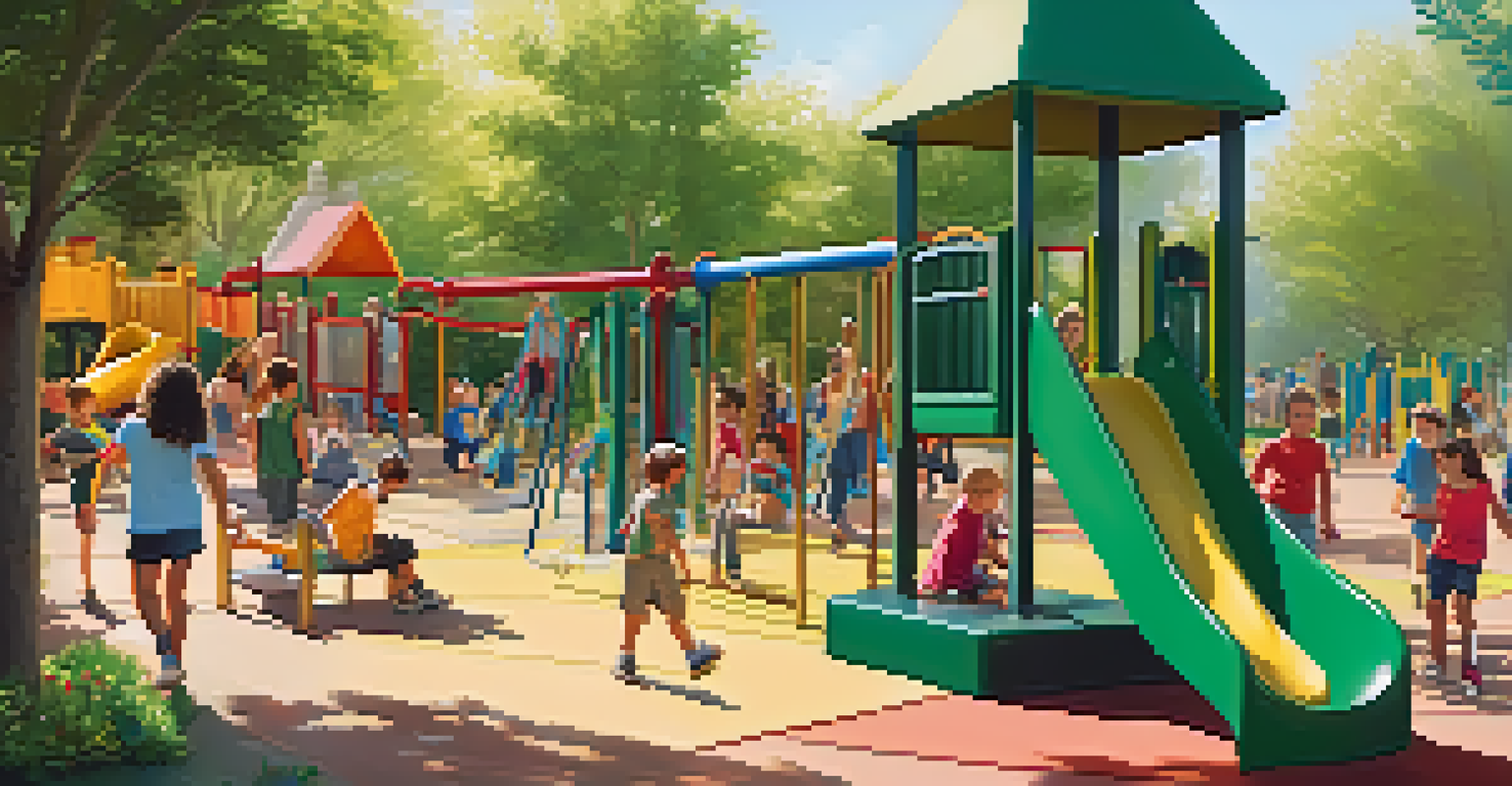 An inclusive playground with children playing and vibrant play structures in a green park.