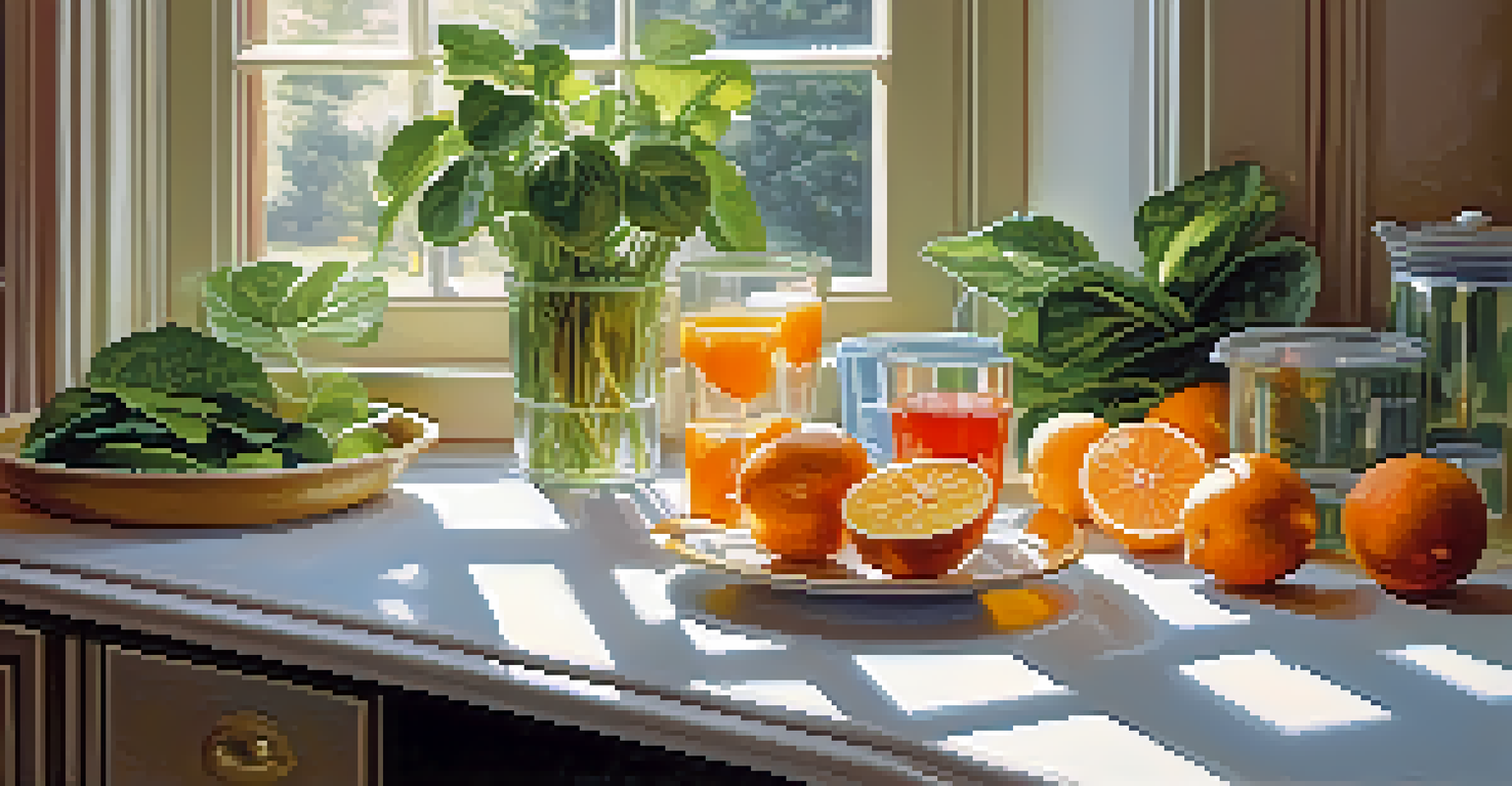 A glass of water with fresh fruits and greens on a kitchen counter, illuminated by sunlight.