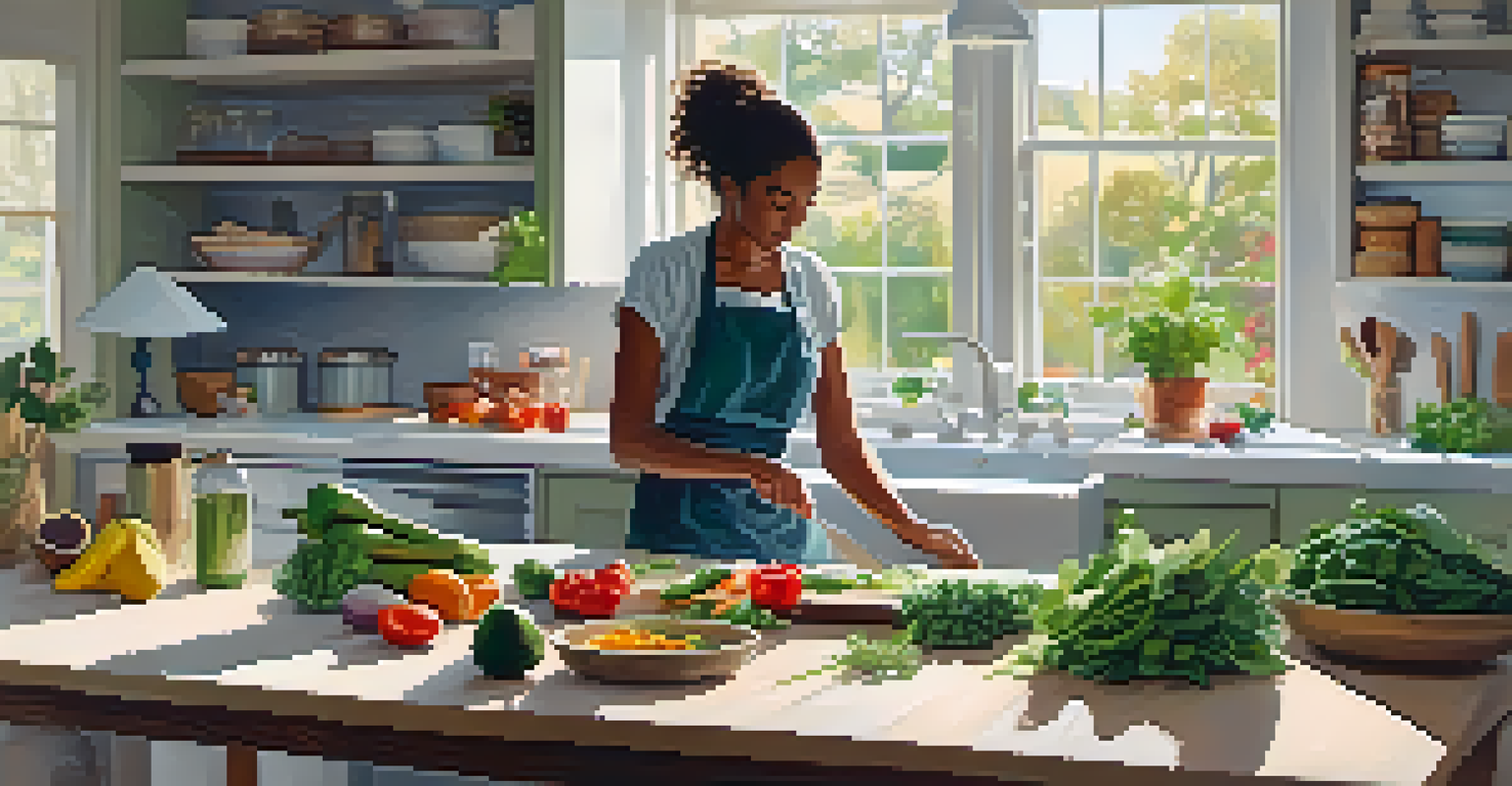 A bright kitchen with a person chopping fresh vegetables on a cutting board, surrounded by healthy ingredients like greens and avocados.