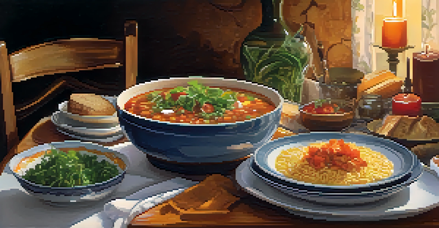 A cozy dining table with a variety of healthy dishes including salad, grain bowl, and soup, illuminated by soft candlelight.