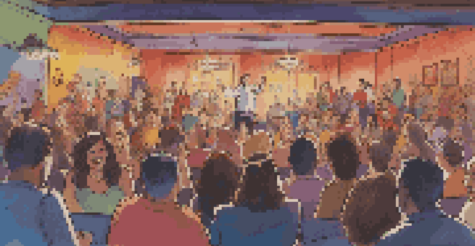 A lively comedy club scene with an animated comedian on stage and an audience laughing, illuminated by colorful lights.