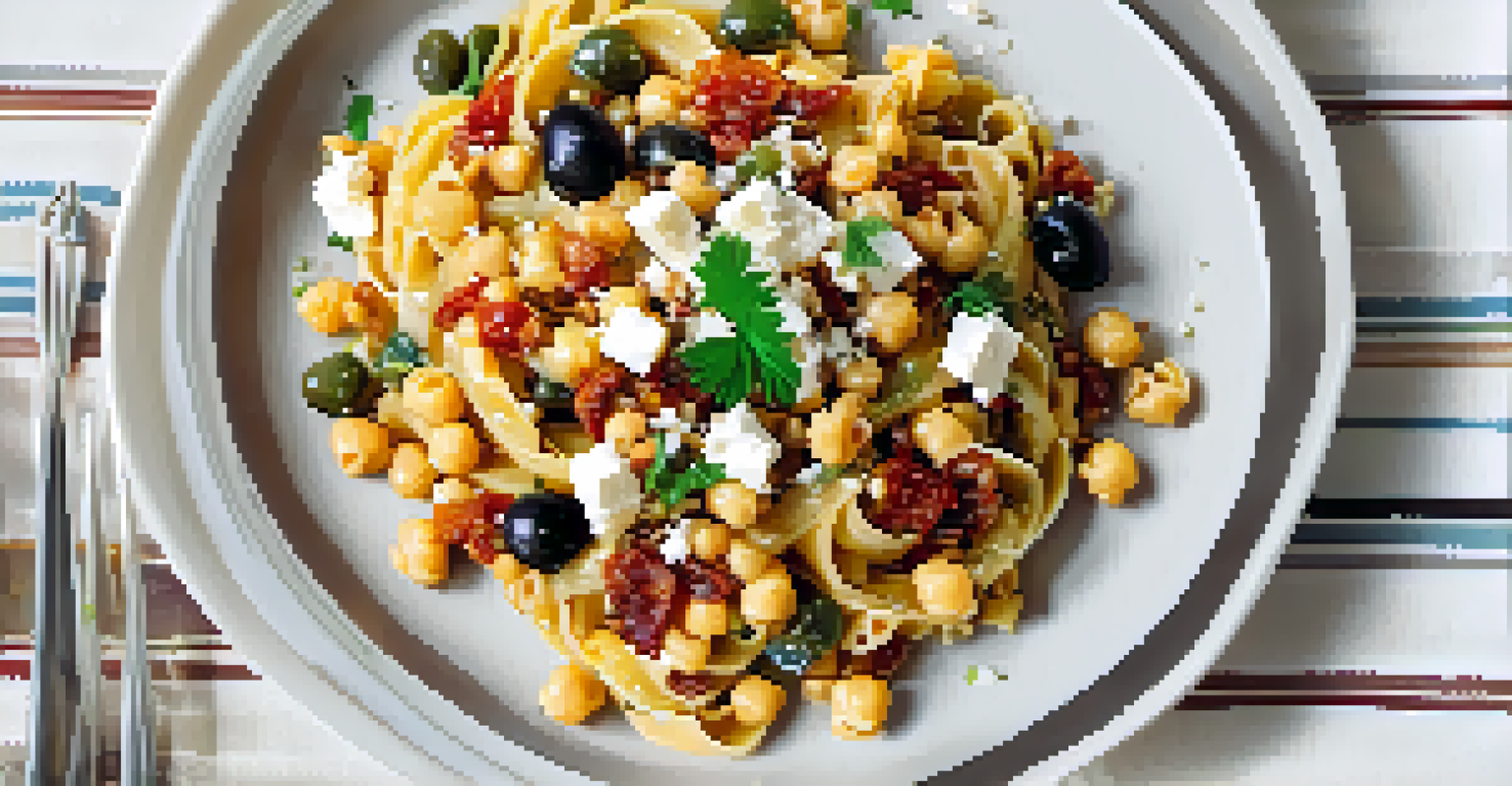 A plate of Mediterranean chickpea pasta with olives, sun-dried tomatoes, and feta cheese, garnished with parsley.