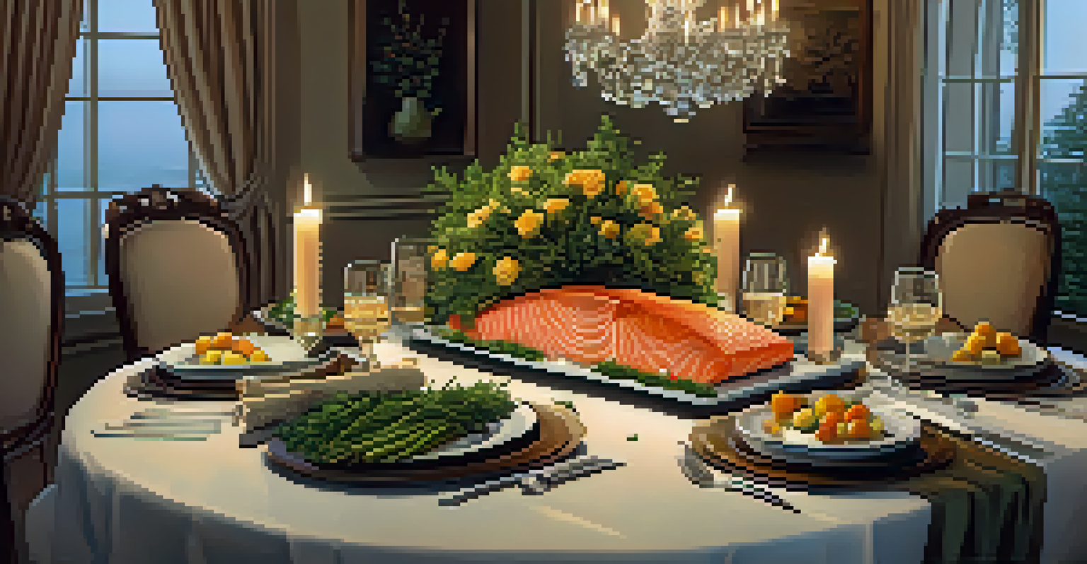 A beautifully arranged dinner table featuring baked salmon and roasted vegetables, illuminated by soft candlelight.