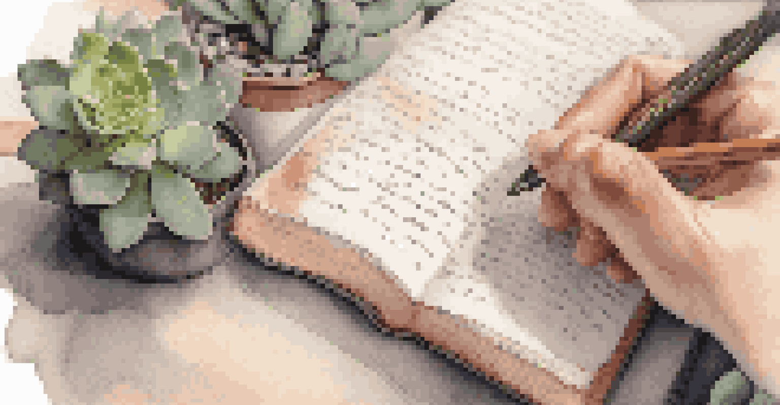 A close-up of hands writing in a journal, with a cup of tea and a plant, emphasizing themes of self-reflection and growth.