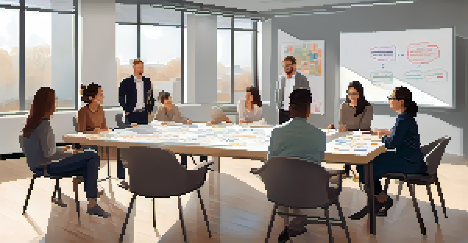 Adults in a workshop setting, discussing resilience strategies around a large table in a well-lit office environment.