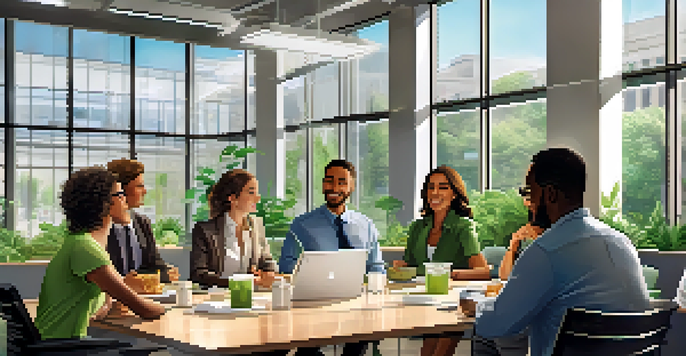 A diverse group of employees in a bright conference room discussing food allergies, with allergen-free meals on the table.