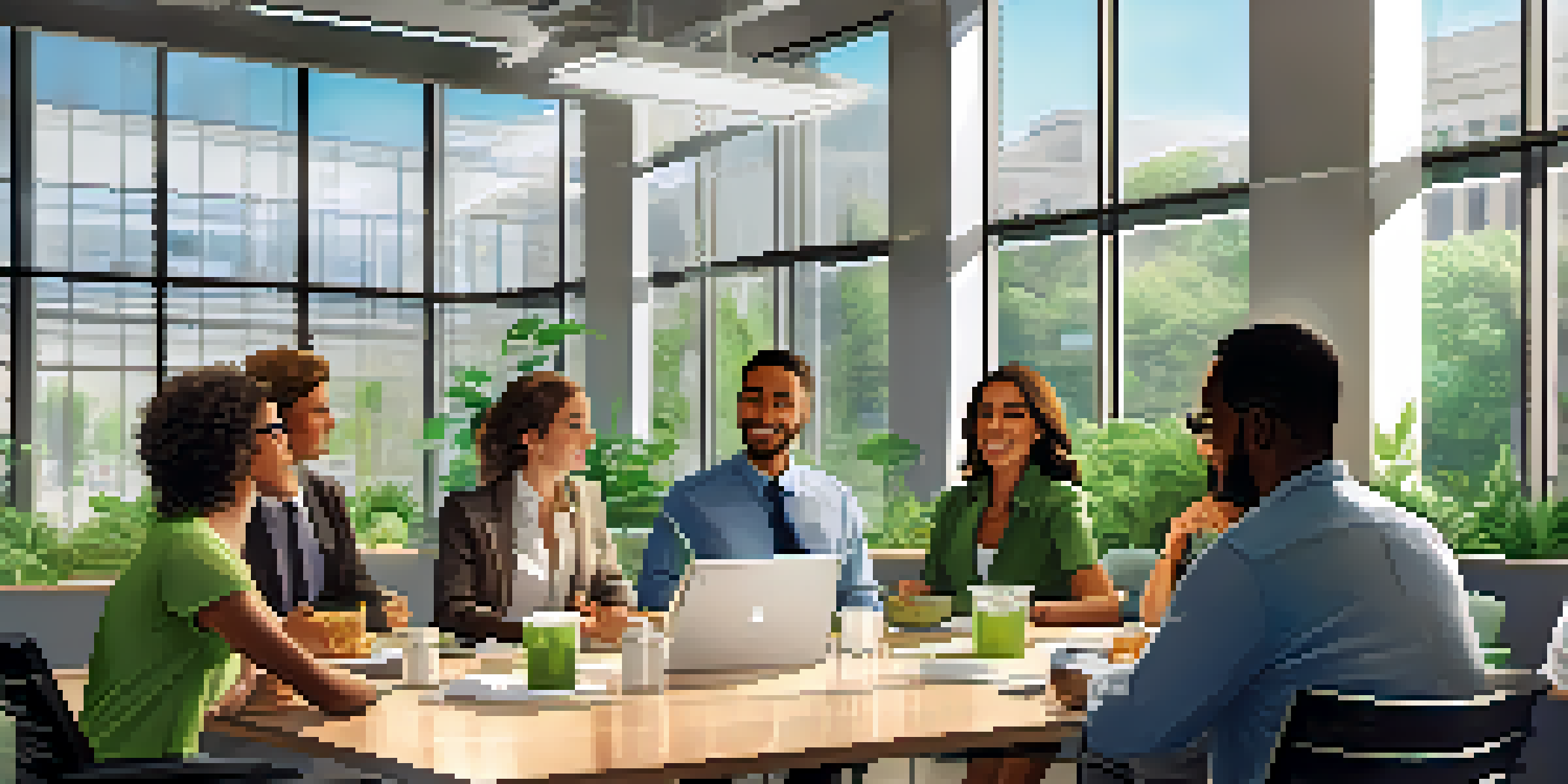 A diverse group of employees in a bright conference room discussing food allergies, with allergen-free meals on the table.