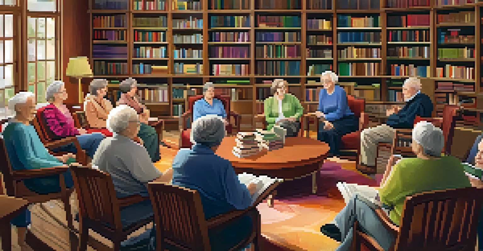 A group of older adults engaged in a book club discussion in a cozy library, surrounded by bookshelves and warm lighting, showcasing friendship and community.