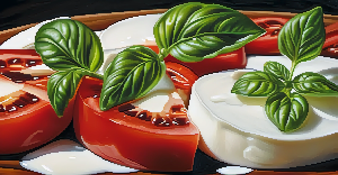 A colorful Caprese salad with tomatoes, mozzarella, and basil on a wooden table.