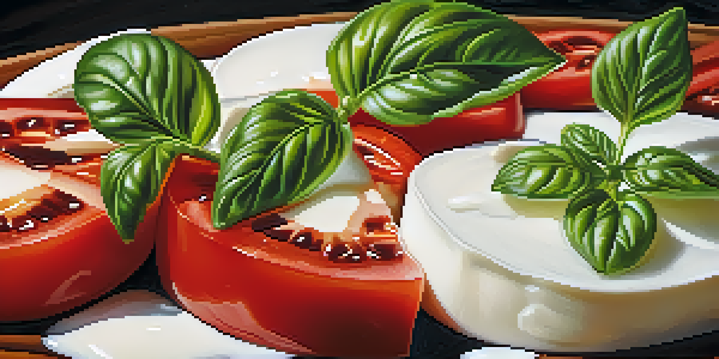 A colorful Caprese salad with tomatoes, mozzarella, and basil on a wooden table.