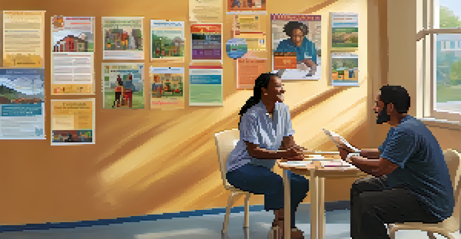 A nonprofit worker engaging with a resident in a community center, surrounded by health resource posters and pamphlets in a warm and inviting setting.